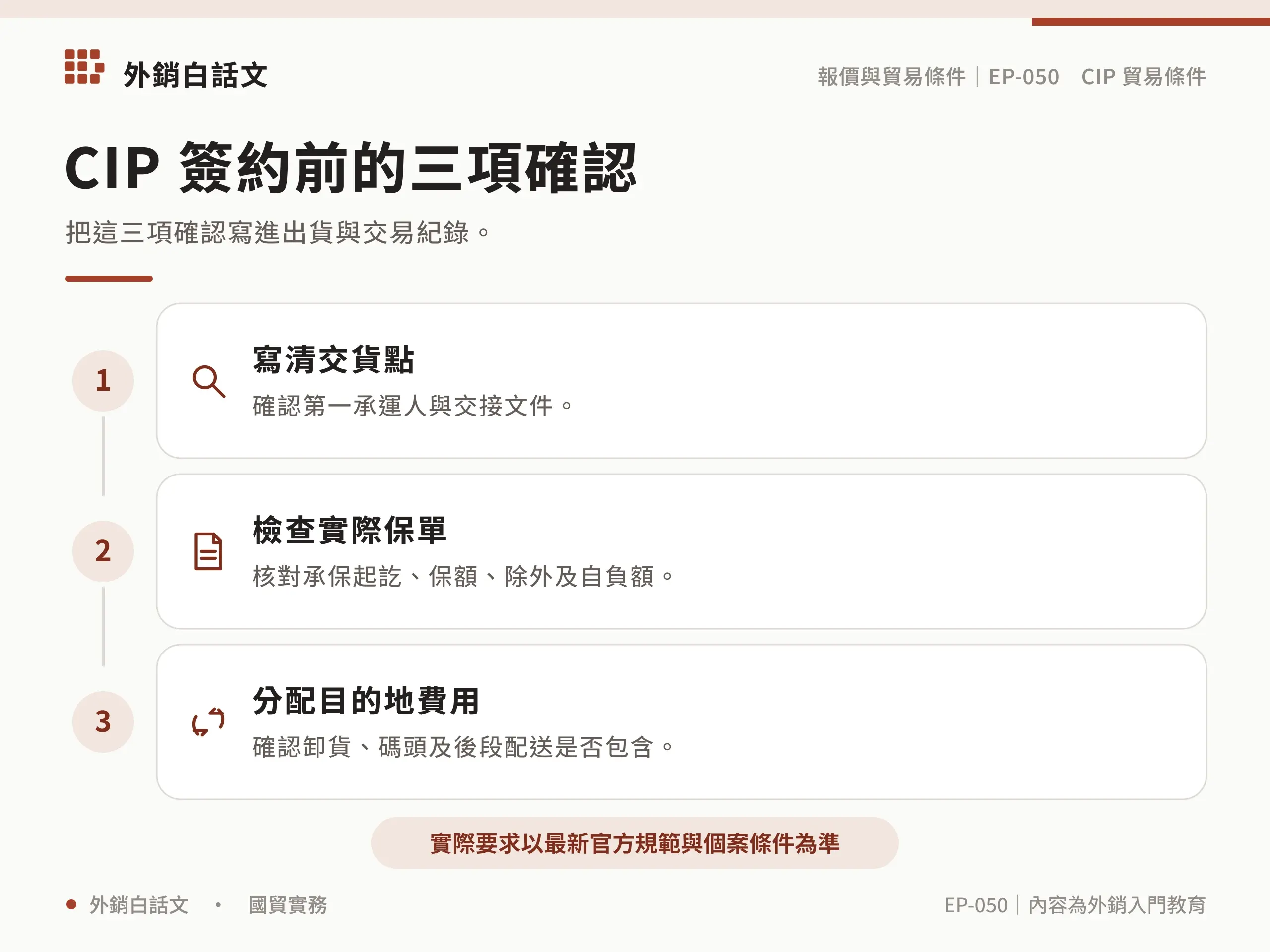 CIP 貿易條件：交貨點、保險與報價重點：操作檢查清單