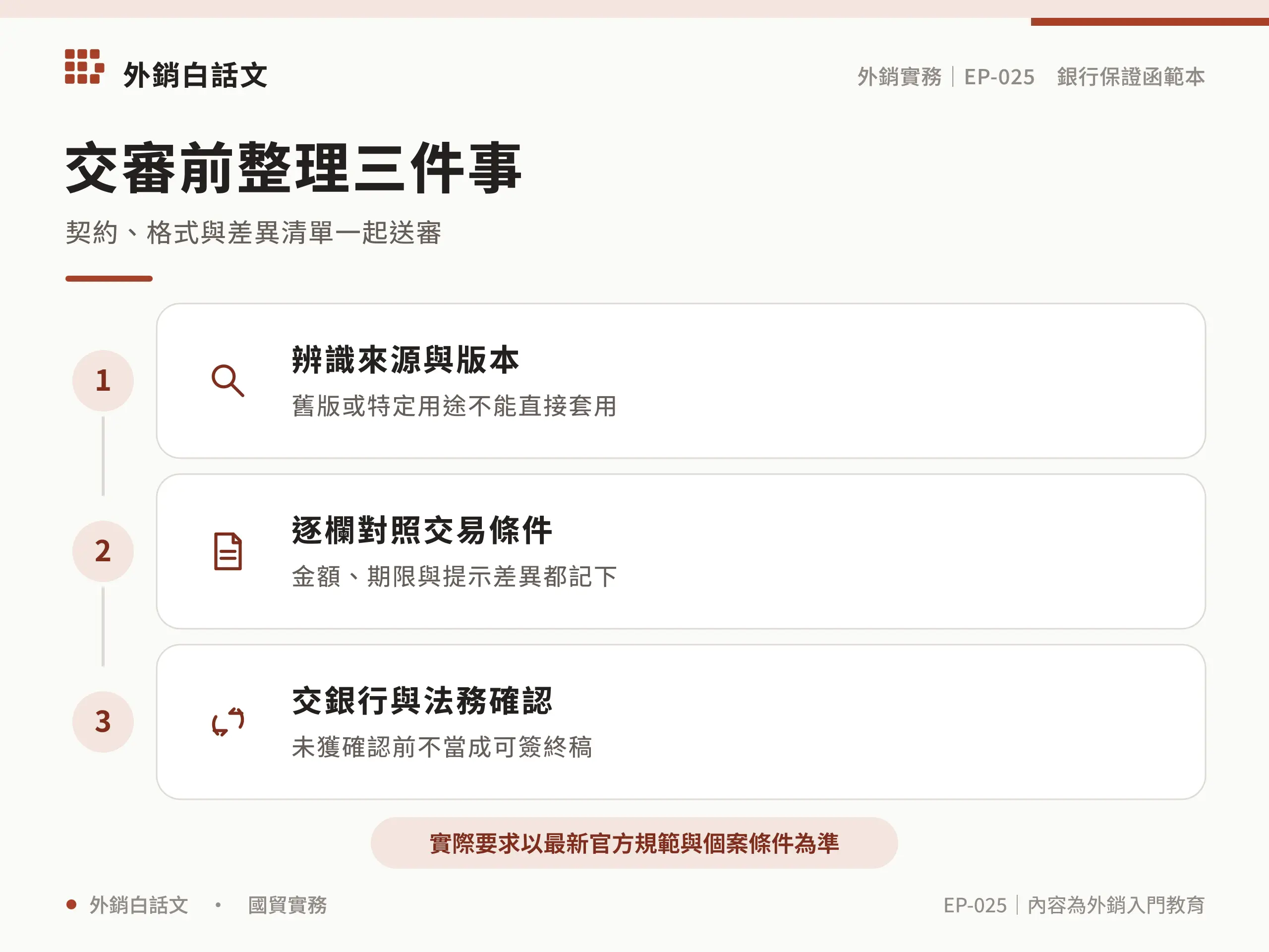 交審前整理三件事：辨識來源與版本，舊版或特定用途不能直接套用；逐欄對照交易條件，金額、期限與提示差異都記下；交銀行與法務確認，未獲確認前不當成可簽終稿
