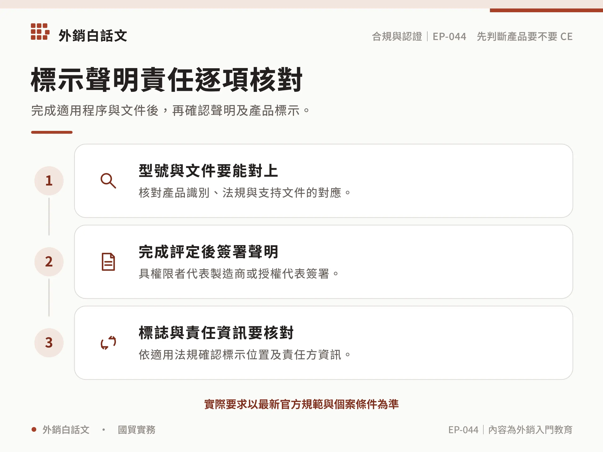 核對產品型號與文件，完成評定後由具權限者代表製造商或授權代表簽署符合性聲明，再查標示與責任資訊