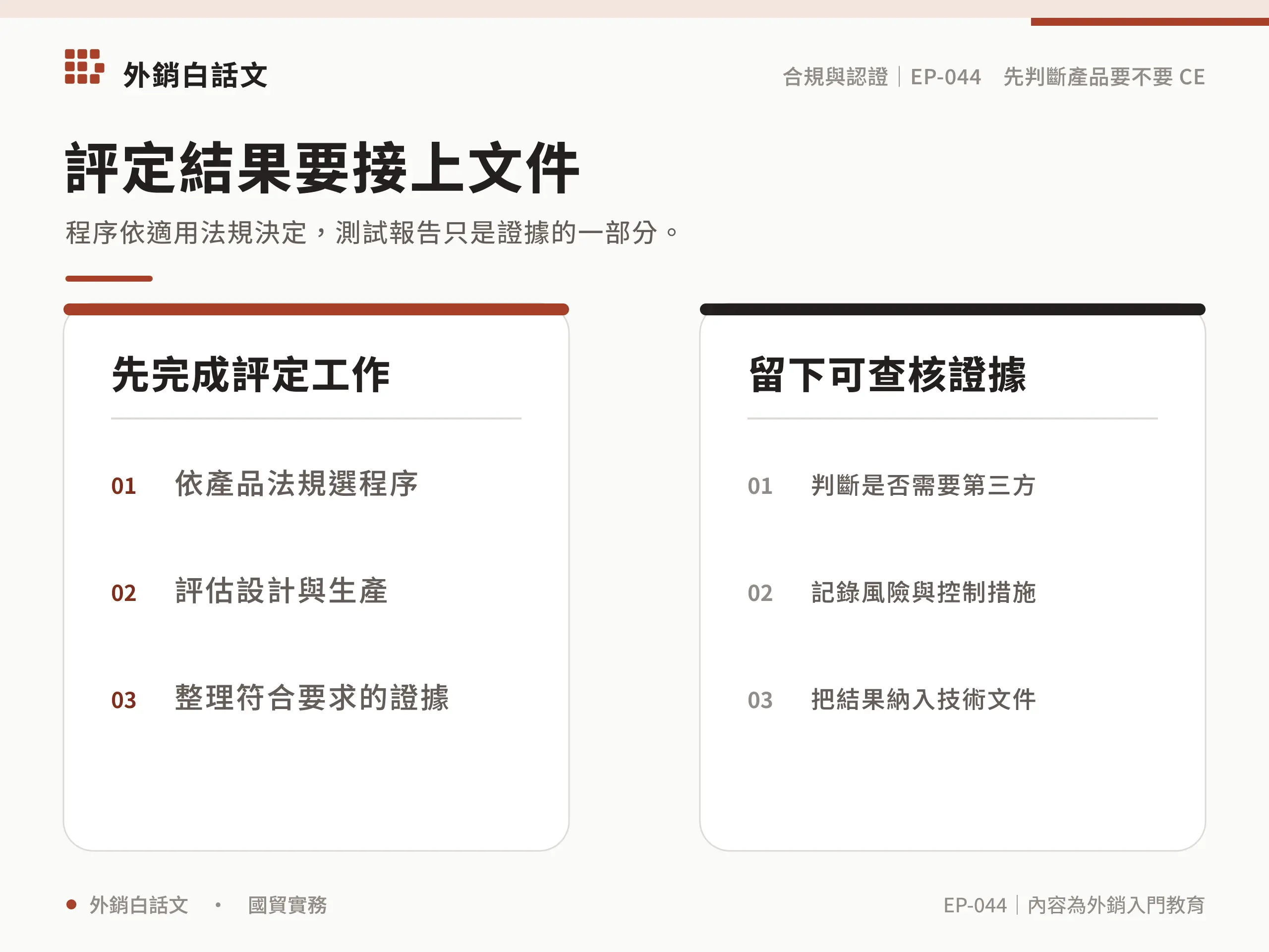 依產品法規決定評定程序及是否需要第三方，記錄設計生產風險控制並將支持證據納入技術文件