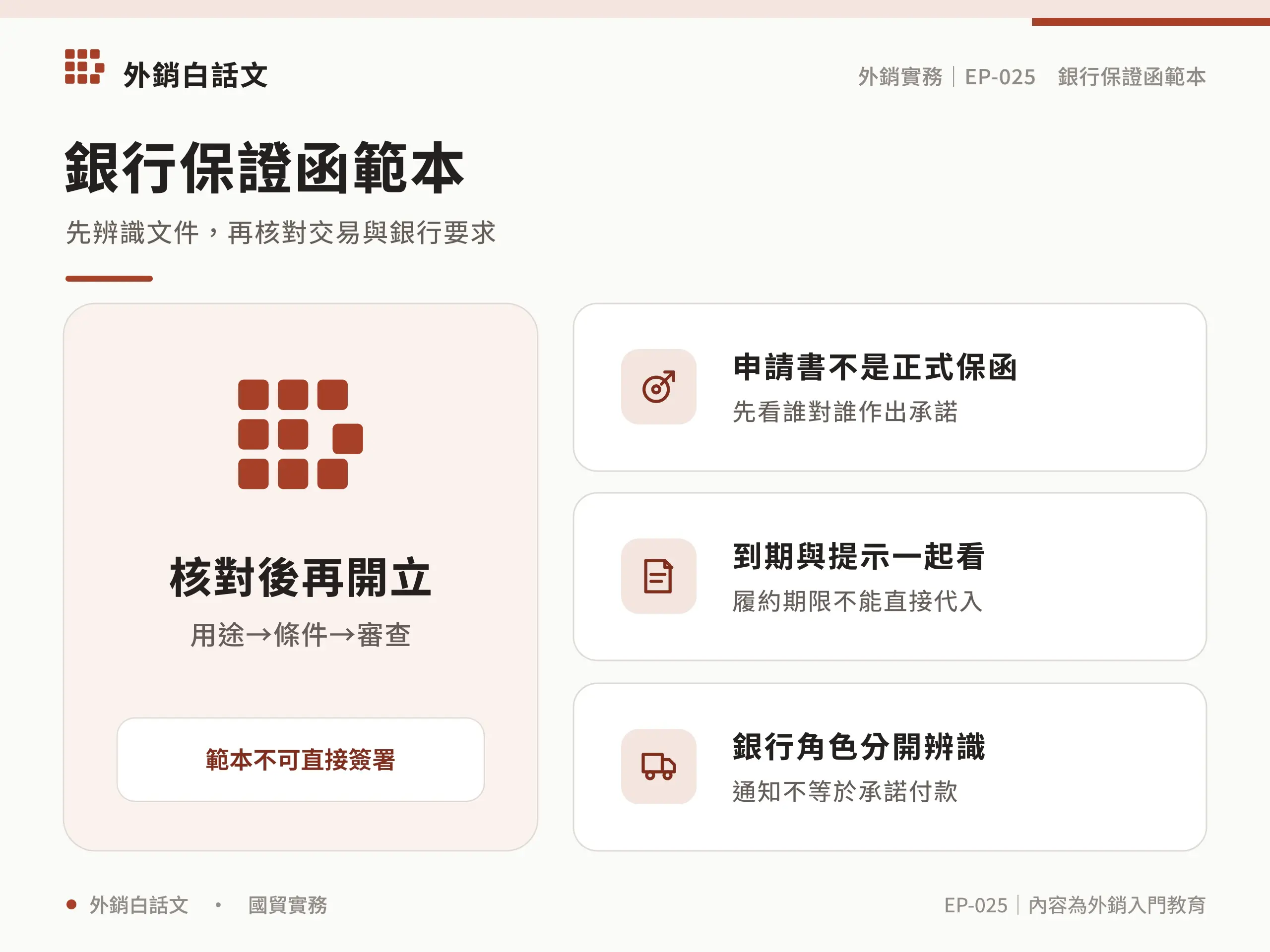 核對後再開立：申請書不是正式保函，先看誰對誰作出承諾；到期與提示一起看，履約期限不能直接代入；銀行角色分開辨識，通知不等於承諾付款