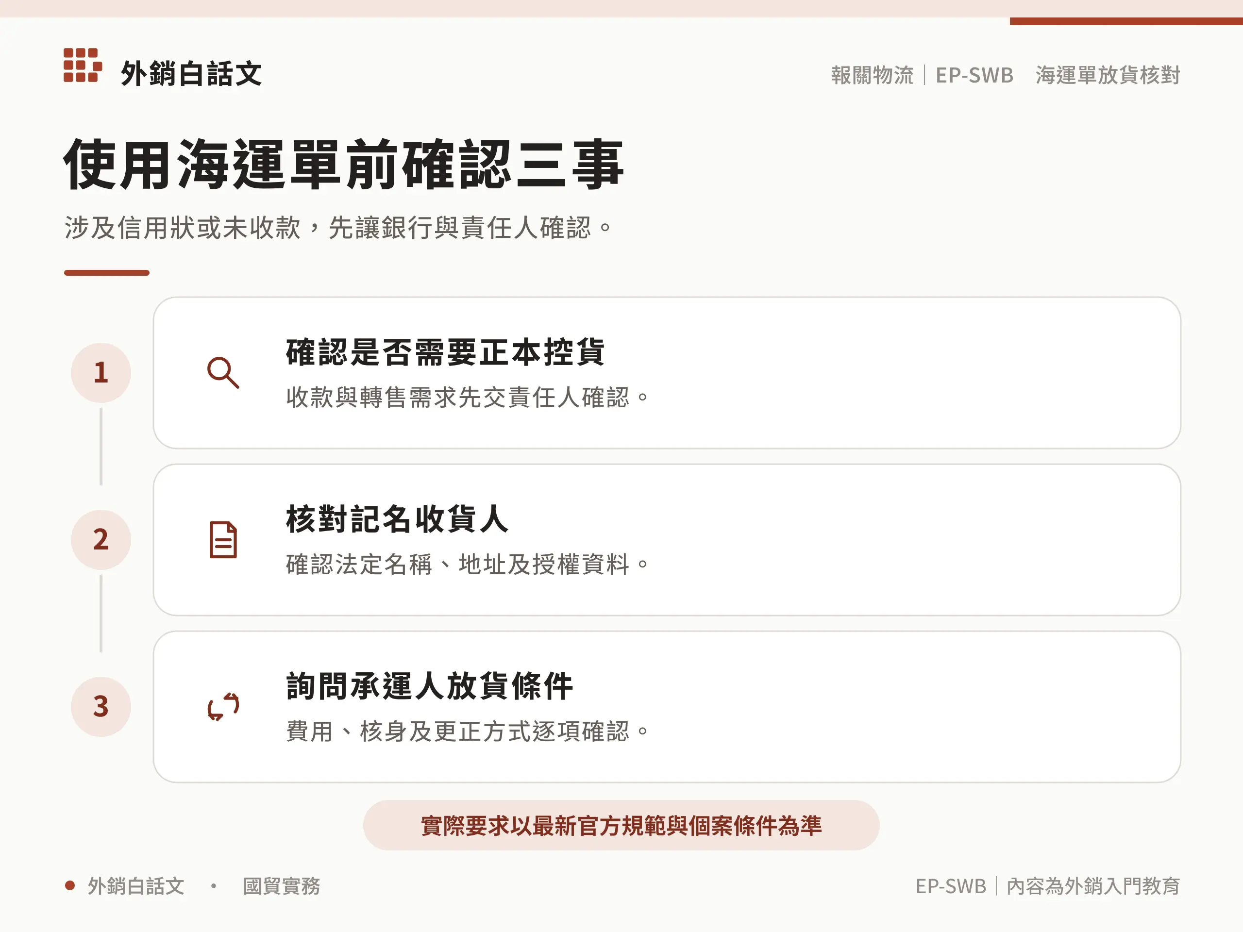 涉及信用狀或未收款，先讓銀行與責任人確認。
