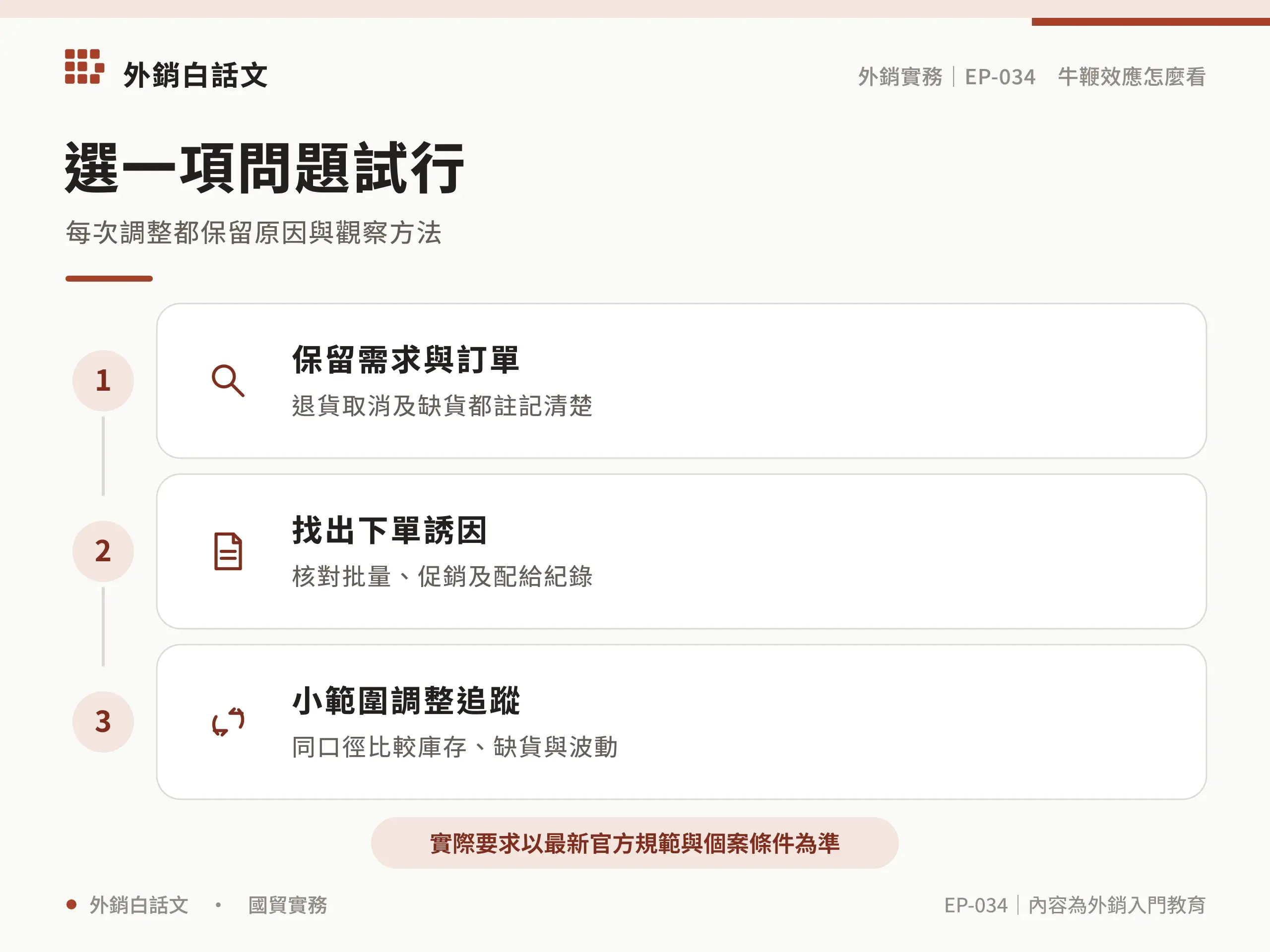 選一項問題試行：保留需求與訂單，退貨取消及缺貨都註記清楚；找出下單誘因，核對批量、促銷及配給紀錄；小範圍調整追蹤，同口徑比較庫存、缺貨與波動