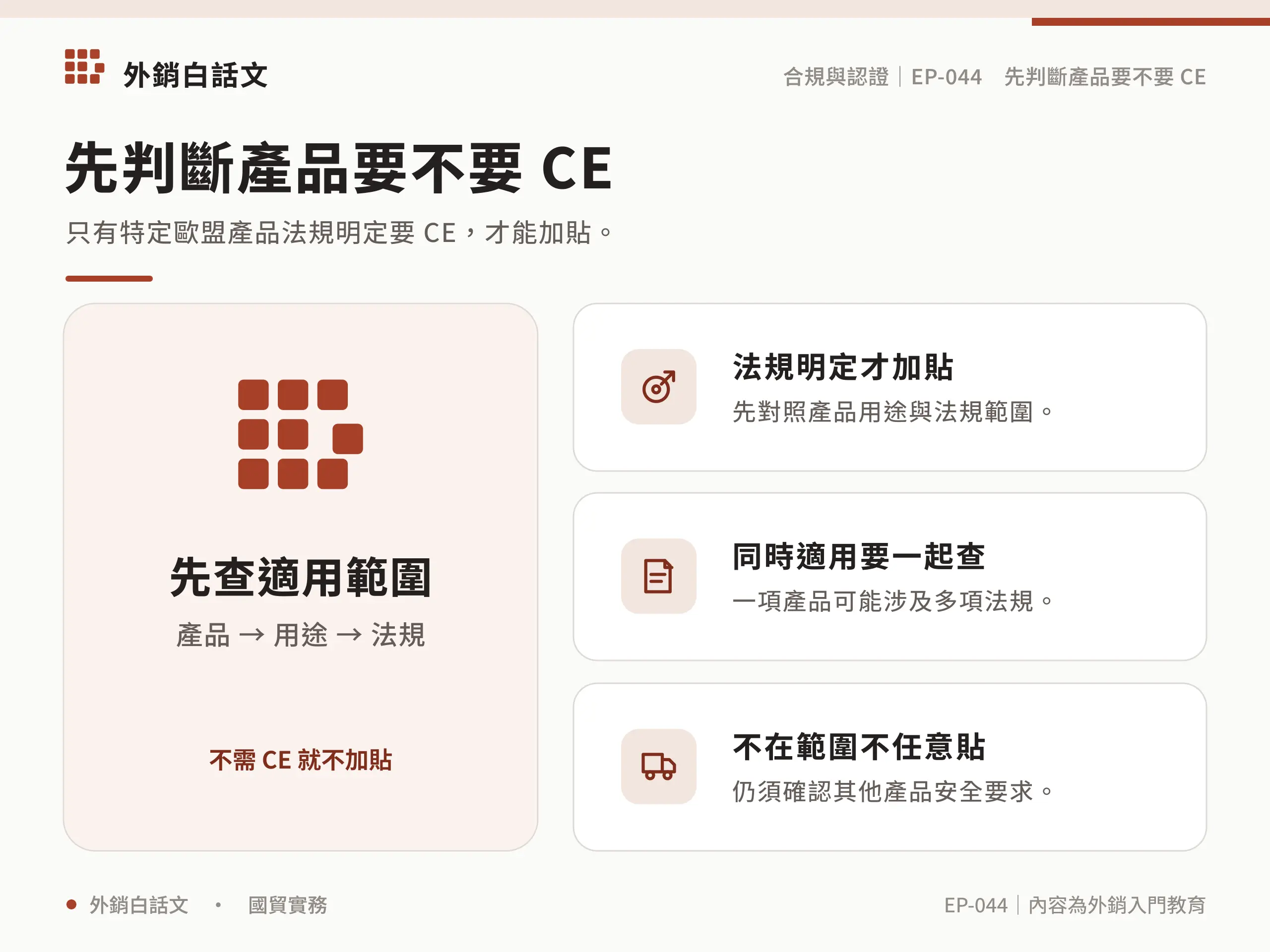 只有特定歐盟產品法規要求 CE 才能加貼，一項產品可能適用多項法規，不在範圍者仍須確認其他安全要求