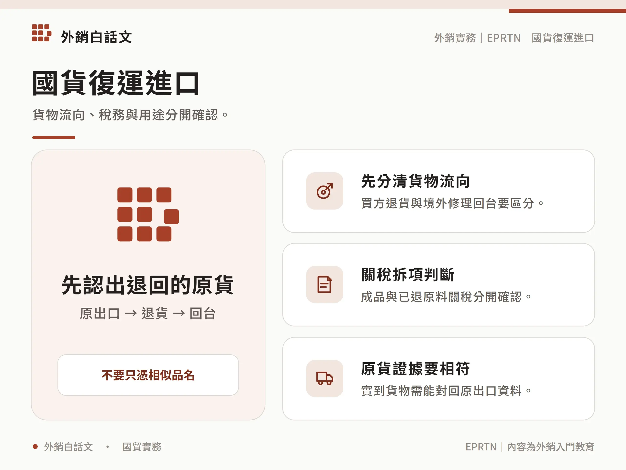國貨復運進口：原出口 → 退貨 → 回台；不要只憑相似品名；買方退貨與境外修理回台要區分。