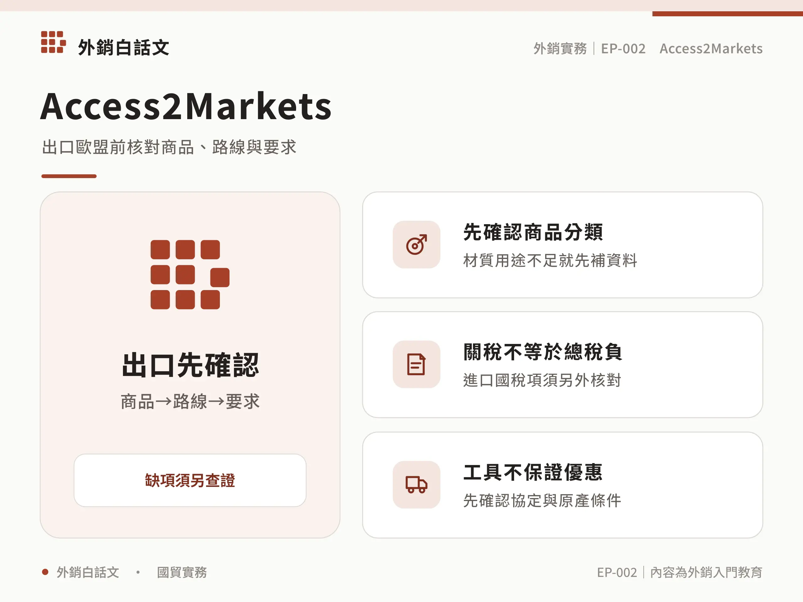 出口先確認：先確認商品分類，材質用途不足就先補資料；關稅不等於總稅負，進口國稅項須另外核對；工具不保證優惠，先確認協定與原產條件
