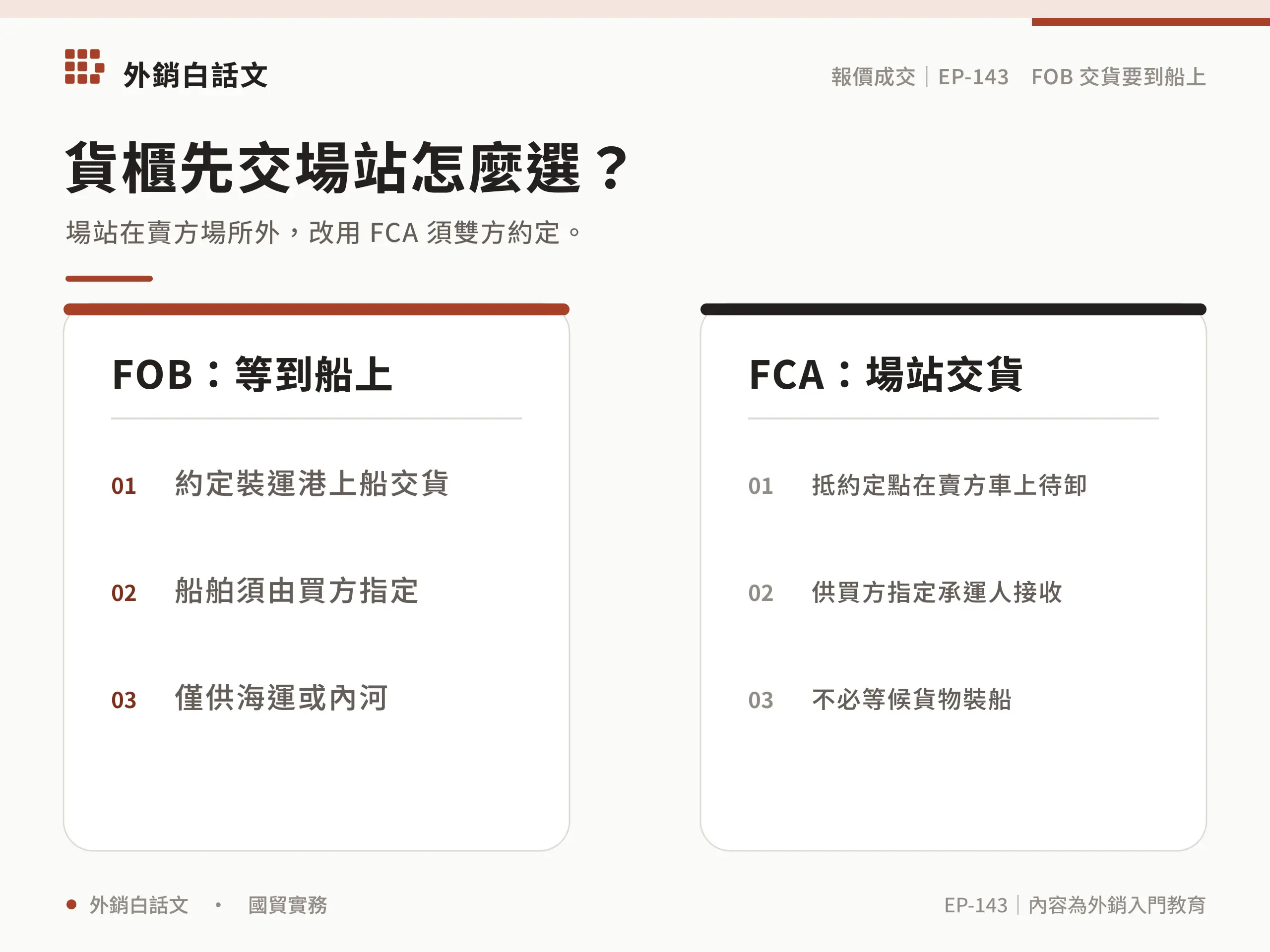 賣方場所外的場站交貨可由雙方約定 FCA:貨抵約定點、在賣方車上待卸並供買方指定承運人接收