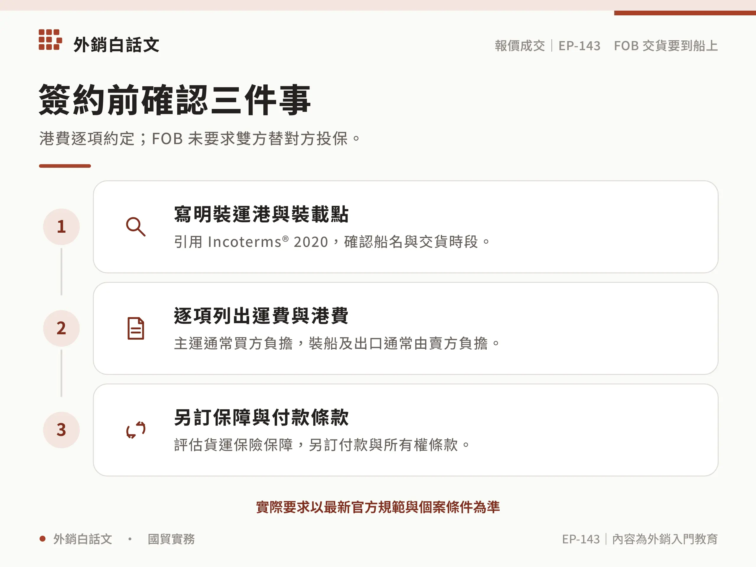 簽約前寫明裝運港與裝載點、逐項確認運費港費,並另訂保險保障、付款及所有權